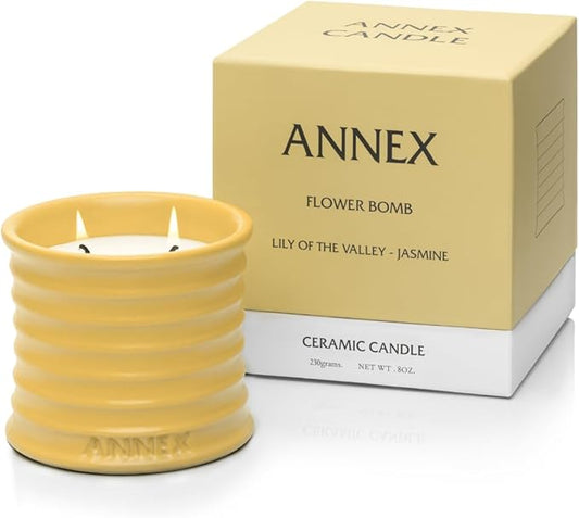 Annex Lily of The Valley & Jasmine Luxury Scented Candle - 8oz Handmade Ceramic Jar Candle - 50hr Clean Burn, 100% Non-Toxic Soy Wax, Home Fragrance, Aesthetic Decor Gift for Men Women - White Floral