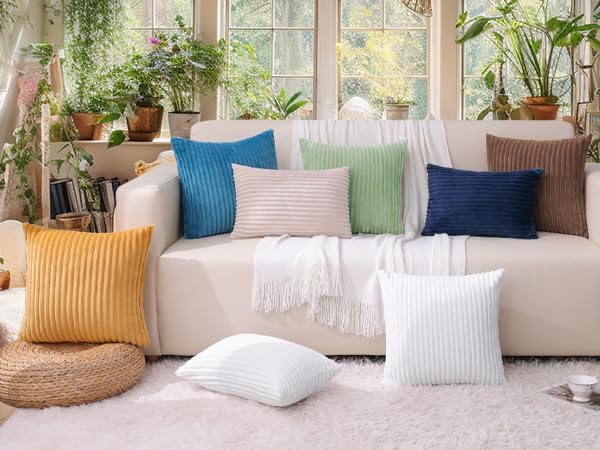 Simmore Decorative Spring Throw Pillow Covers 18x18 Set of 2, Soft Natural Plush Flannel Double-Sided Fluffy Couch Pillow Covers for Sofa Living Room, Beige