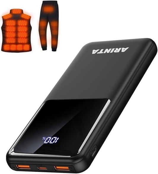 Power Bank Portable Charger 10000mAh PD 22.5W, Battery Pack for Heated Vests & Jackets, LED Display & USB-C in/Out, Travel Essentials, Compatible for Smartphones, Tablets & More (Black)
