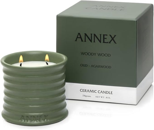 Annex Oud and Agarwood Luxury Scented Candle - 8oz Handmade Ceramic Jar Candle - 50hr Clean Burn, 100% Non-Toxic Soy Wax, Aesthetic Home Decor Winter Gift for Men and Women - Sandalwood & Amber