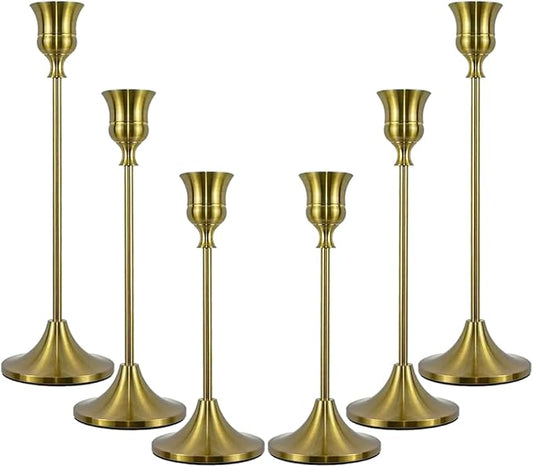 Candlestick Holders, Taper Candle Holders Set of 6, Vintage Candle Holder Decor for Table Centerpiece, Fireplace Mantel, Weddings & Housewarming (Brass Gold, 6 pcs)