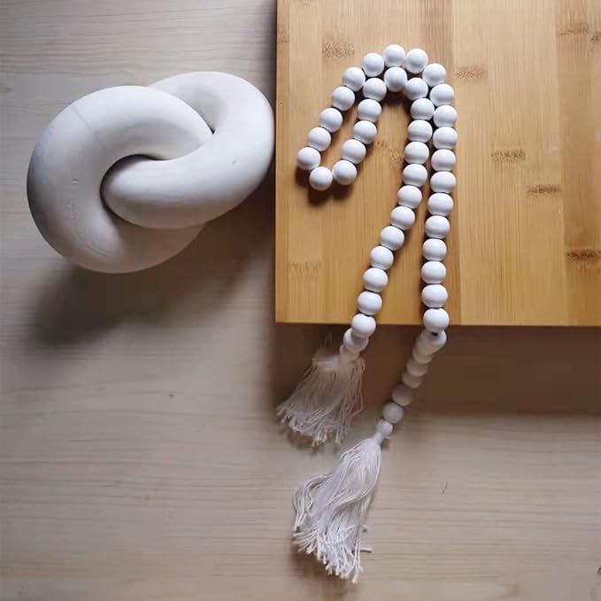 2 Pcs/Set Decorative Chain Link & Knot Decor Wood Bead Garland for Farmhouse Prayer Living Room Coffee Table Desk Shelf Decorations Hand Carved