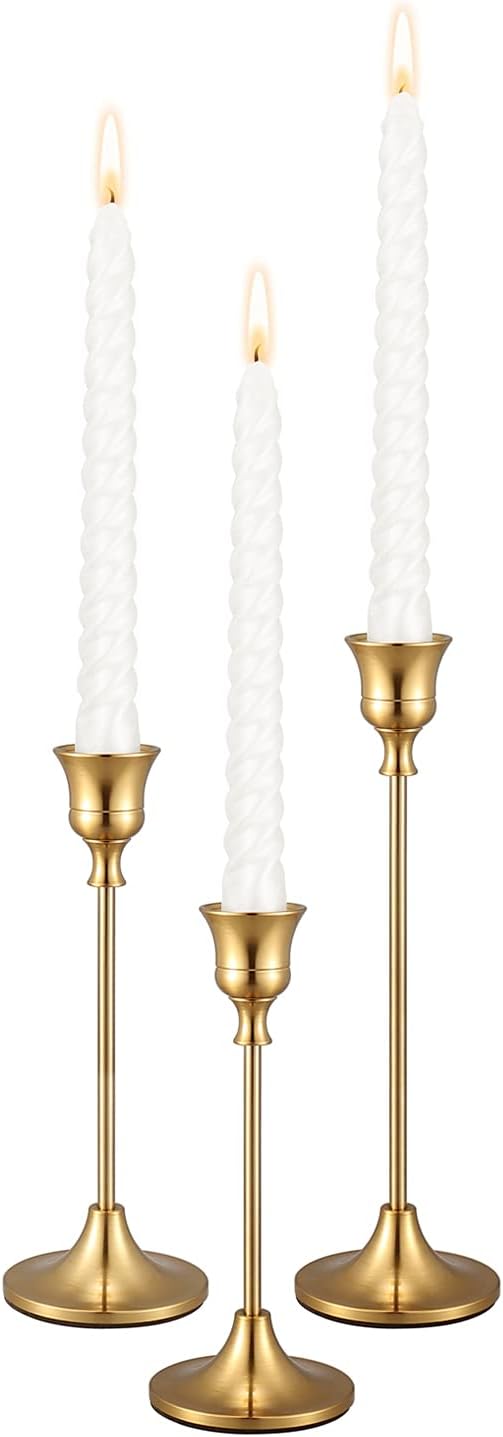 Gold Candlestick Holders Taper Candle Holder - Set of 3 Pcs Brass Gold Candle Stick Holder Centerpieces Decorations for Table, Mantel, Wedding, Dinning, Party(Candles not Include)