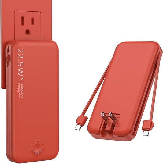 Portable Charger, 12000mAh 22.5W Fast Charging Power Bank with Built-in Cables & Wall Plug, Travel Essentials External Battery Pack, USB C Battery Phone Charger for iPhone, iPad, Samsung Red