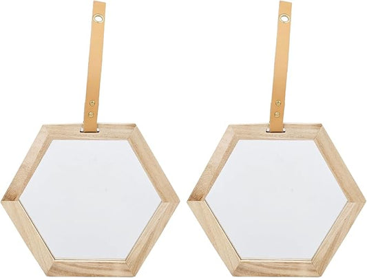 2 Piece 11 x 10 Inches Harlan Hexagon Mirror with Beige Wood Frame, Wall Geometric Mirrors Decor, Hanging Wall Glass Mirror for Home/Bedroom/Living Room/Hallway/Entryway