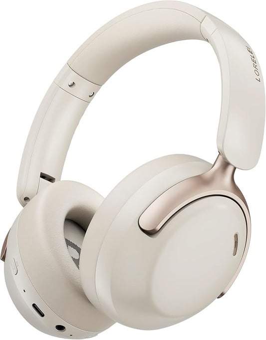LORELEI Q30 Bluetooth Headphones Over Ear,60H Playtime & 3 EQ Music Modes,BT6.0 Headphones Wireless with Mic,Foldable Lightweight Headsets,HiFi Stereo Deep Bass for Home Travel iPad Tablet-Beige White