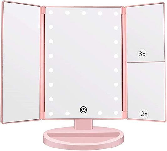 Tri-fold Lighted Vanity Makeup Mirror with 3x/2x Magnification,21 LED Lights and Touch Screen,180 Degrees Free Rotation Countertop Cosmetic Mirror,Travel(Pink)