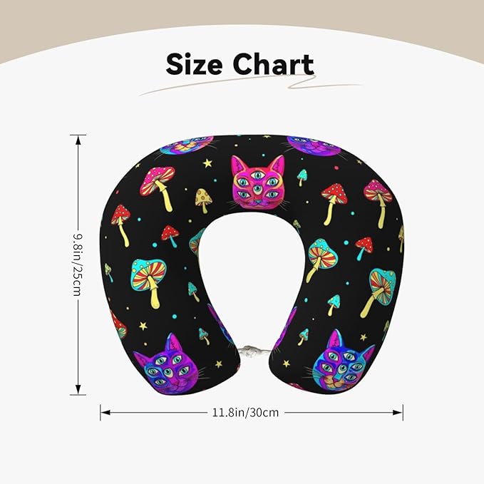 Neck Travel Pillow, Women Men Washable Airplane Car Pillows Trippy Eyes Black Cat Goth Mushroom, Head Support Rest U Shaped Cushion Comfortable for Watching TV
