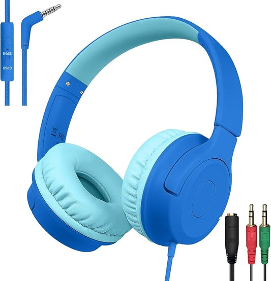 Kids Wired Headphones with Microphone, 85/94dB Safe Volume Limiter,Foldable,3.5mm Jack Over-Ear Cord Headset for Online Study/Travel, Compatible with Tablet,iPad,PC&More,Navy&Teal