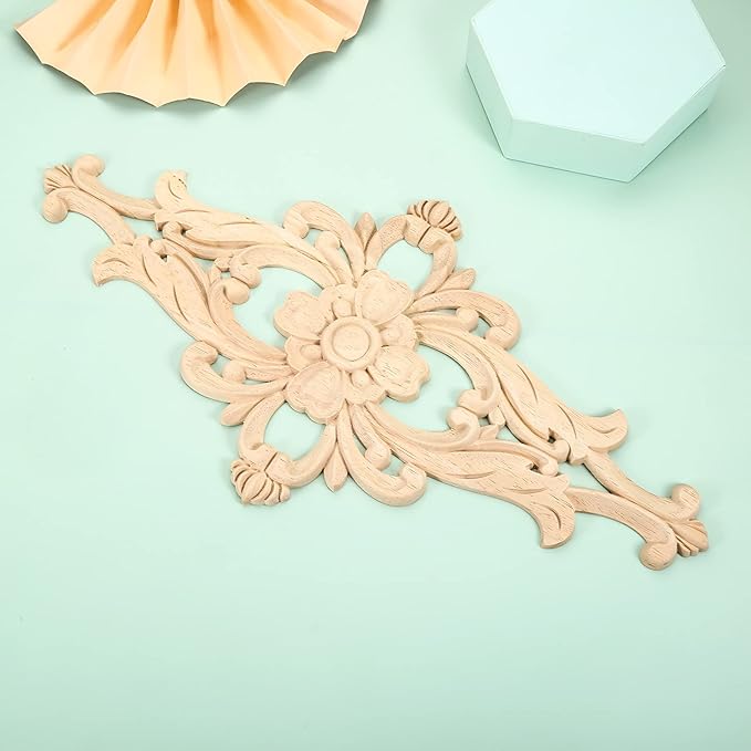 MUXSAM Wood Carved Appliques Furniture Decorative Onlays, 2Pcs Unpainted DIY Center Carving Decal for Door Wall Ceiling Cabinet Dresser Mirror Bed Mantel Bench Decoration, 40x20cm/15.75"x7.87"