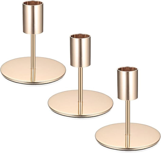 3 Pcs Gold Taper Candle Holders, Gold Candlestick Holderss, Candle Sticks Holder Decor for Mantel Centerpiece Fireplace Wedding Dinning Party Home Cabinet Table Decor(3.3 inch Height)