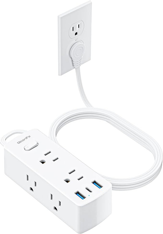 Flat Extension Cord 15ft, Olcorife Flat Plug Power Strip with 6 Outlets 3 USB Ports(1 USB C), 3-Side Outlet Extender Surge Protector for Home Office Dorm Room Essentials, White