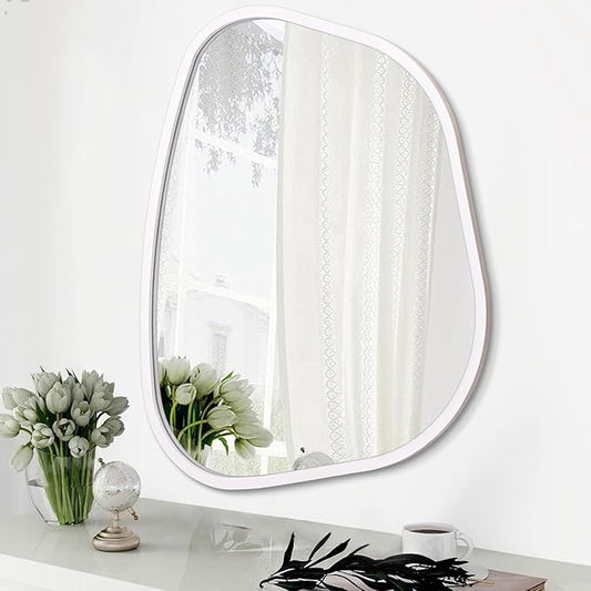 Irregular Oval Wall Mirror Large White 20"x16" Inches Asymmetrical Mirror Modern Wood Frame Unique Shape Wall Mounted Vanity Artistic Mirror Decor for Living Room Bedroom Bathroom Entryway