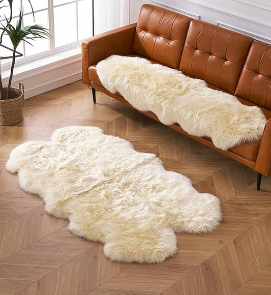 HUAHOO Premium Genuine Sheepskin Rug Beige Real Australia Sheepskin Natural Luxury Fluffy Lambskin Fur Area Rug Seat Covers for Kids Bedroom Sofa Chair Cover Pets Dogs Mat Quarto Pelt/4' x 6' Beige