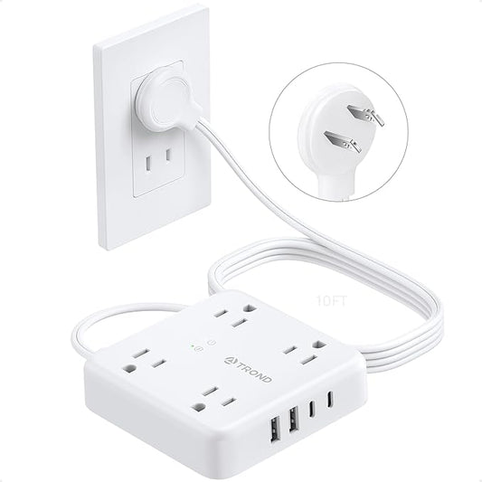 TROND 2 Prong Power Strip 10ft, 2 Prong to 3 Prong Extension Cord, Polarized Flat Plug, 4 AC 4 USB, Wall Mountable Surge Protector Outlet for Non-Ground Socket in Old House School Office, White