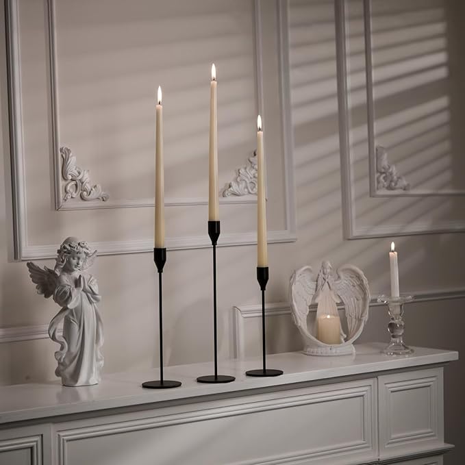 Solid Taper Candle Holders Set of 15 Bulk, Modern Matte Black Long Skinny Candlestick (Heights: 9/11/13 Inch), Heavy Iron Anti-Slip Base for Modern Fireplace Mantle Table Centerpiece Decor