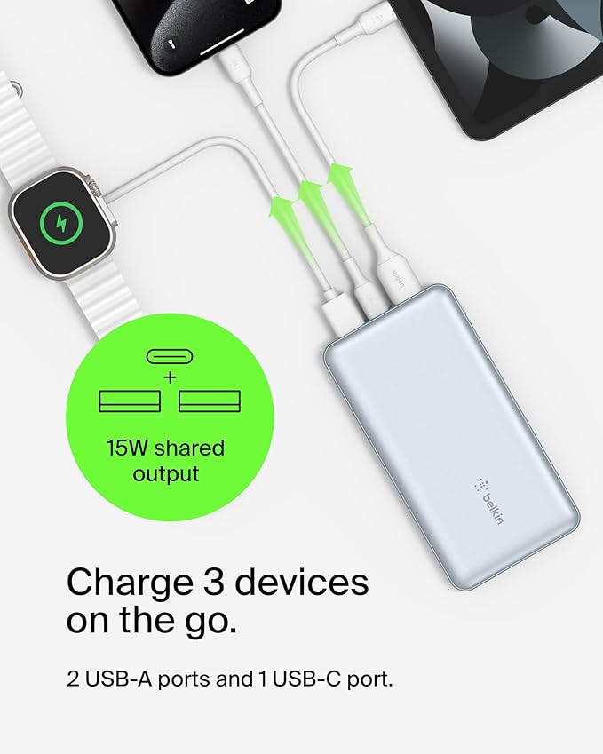Belkin Portable Charger, USB C Power Bank 10,000mAh w/ 2xUSB-A Ports, 15W w/Type-C to Type-A Cable for iPhone 17, Air, Samsung Galaxy S25, iPad, Nintendo Switch 2, Google Pixel 10, etc. - Pearl Blue