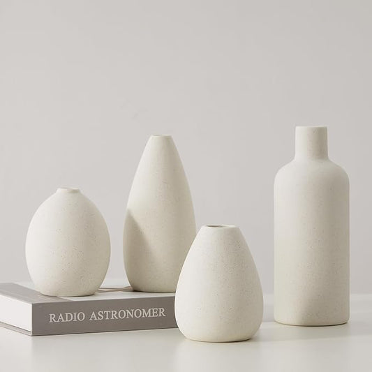 CEMABT White Ceramic Vase Set - 4 Small Unique Flower Vases for Centerpieces, Modern Home Decor