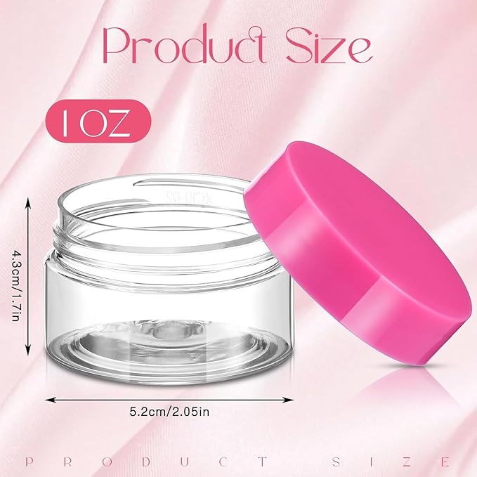 SATINIOR 12 Pack 1 oz Plastic Container Jars with Lids Round Clear Travel Cosmetic Container Slime Jars for Toiletries, Lotion, Cream, Ointments, Makeup, Rhinestone, Samples, Kitchen Storage(Pink)