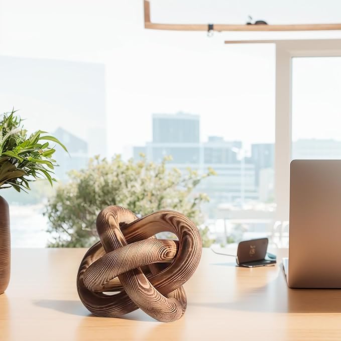 Wood Knot Chain Link Decor - 3 Link Boho Wooden Hand Carved Decorative Wooden Links Knots for Coffee Table Entryway Modern Farmhouse Shelf Decoration (Burn Color)
