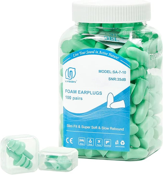 LYSIAN 100 Pairs Slim Foam Ear Plugs for Small Ear Canals Women, 35dB SNR Noise Canceling Sound Blocking Reduction Earplugs for Sleeping, Snoring, Work, Shooting, Studying, Loud Noise
