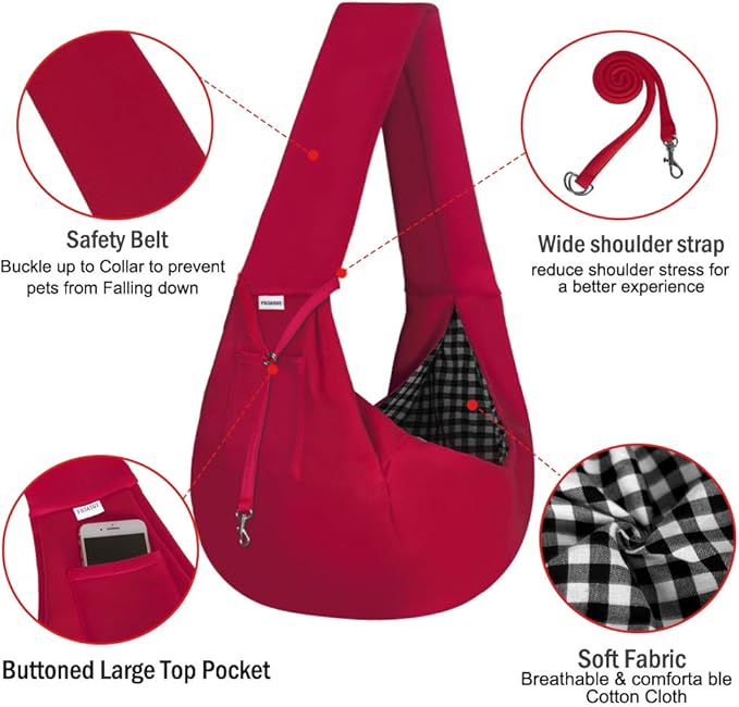 FDJASGY Small Pet Sling Carrier-Hands Free Reversible Pet Papoose Bag Tote Bag with a Pocket Safety Belt Dog Cat for Outdoor Travel (Red)