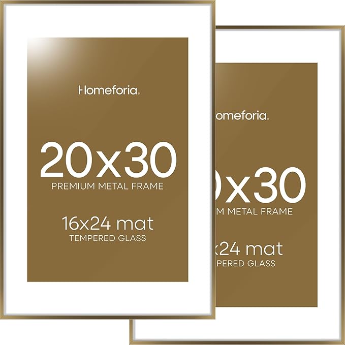 Homeforia 20x30 Picture Frame Bronze, High End Metal 20 x 30 Large Poster Frames with Mat 16 by 24 for Photo, 20x30 Brass Frame Matted to 16x24, 30x20 Hanging Frame, Tempered Glass, Wall Kit, Set of 2