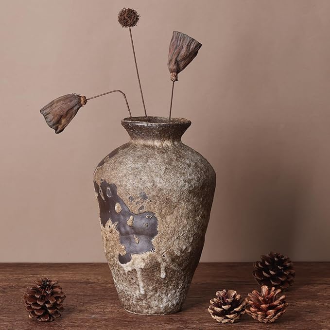 Wabi Sabi Decor Rusty Vintage Vase - 8.7" Tall Rustic Farmhouse Wabi Sabi Vase for Centerpiece, Pottery Stone Flower Vases for Home Decor, Table, Living Room, Bedroom, Bathroom, Kitchen (Rusty Stone)