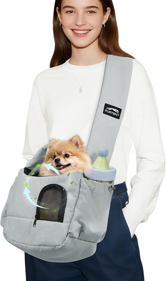 Dog Sling, Dog Carriers for Small Dogs up to 7 lbs Kitten and Puppy, Breathable Cat Carrier Sling Pet Purse with Pockets, Hands-Free Pet Carrier with Safety Harness for Travel, Gray