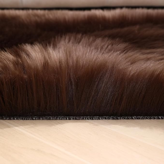 Faux Fur Small Rug 2 x 3 ft Coffee Shaggy Sheepskin Machine Washable Fuzzy Area Rug Super Soft Fluffy Plush Carpet for Bedroom Living Room Floor Nursery Kids Room Bedside Rug