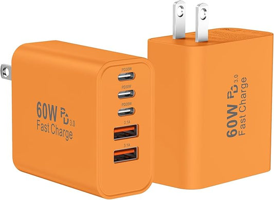 USB C Fast Wall Charger Block, 2Pack 60W USBC Charging Cubes, 5-Port PD+QC Power Adapter Multiport Brick Type C Box Plug for Phone 17/16/15/14/13/12/11/Pro Max/Plus, Pad Mini/Pro/S25/S24-Orange