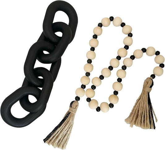 2 Pieces Decorative 5 Link Wooden Chain Decor and Bead Boho Farmhouse Rustic Home Table Decor Coffee Table Shelf Aesthetic Modern Bookshelf Table Wooden Decortion (Black)