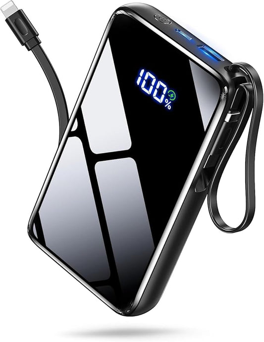 Portable Charger Power Bank 50000mAh, 22.5W Fast Charging Portable Charger with Built-in Cables, Travel Camping 4 Outputs External Battery Pack, LED Display for iPhone, Android, iPad, Black