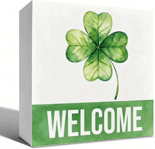 St Patrick's Day Welcome Decor Wooden Box Sign, Green Shamrock Tabletop Welcome Sign for Home Entryway Shelf Desk, Minimal Farmhouse Holiday Wooden Decoration for Spring Irish Theme 5 x 5 Inches