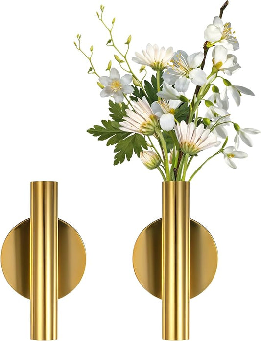 2 PCS Wall Vases for Flowers, Gold Flower Vase Metal Hanging Plant Holder Small Gold Vase Flowers Tube Wall Planter Hanging Vase for Modern Home Decor Display Dried Faux Flower Fake Flower