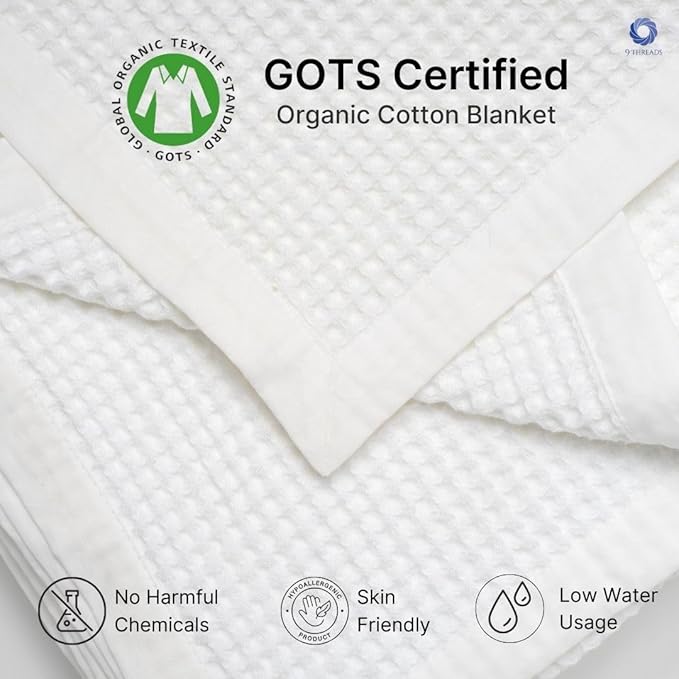 GOTS Certified Organic Cotton Waffle Weave Blanket, King Bed Size, 108"X90" Cozy Throw Blanket for Couch, Modern Home Decor, Comfy Waffle Blanket & Soft Bed Blankets -White