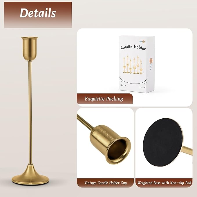 Candlestick Holders, Gold Metal Taper Candle Holders Set of 3, Handmade Heavy Base Brass Vintage Modern Decorative Table Centerpiece for Candlelight Dinner, Fireplace Mantel Wedding Housewarming Décor