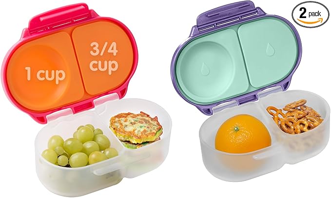 b.box Snack Box 2-Pack - Leak Proof Mini Bento Box for Kids & Toddlers, 2 Compartment Snack Containers for Kids, Dishwasher Safe, BPA-Free, PFAS-Free, Ages 4mo+, 1 3/4 Cup Each (Strawberry + Lilac)