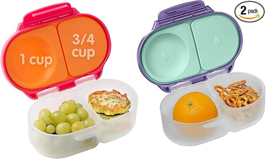 b.box Snack Box 2-Pack - Leak Proof Mini Bento Box for Kids & Toddlers, 2 Compartment Snack Containers for Kids, Dishwasher Safe, BPA-Free, PFAS-Free, Ages 4mo+, 1 3/4 Cup Each (Strawberry + Lilac)
