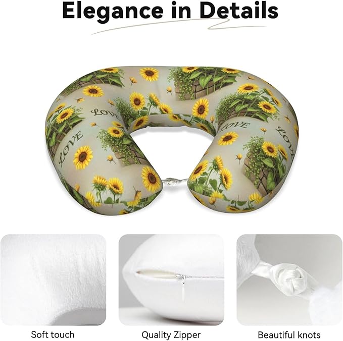 Comfortable Memory Foam Neck Pillow Retro Sunflower, Travel U Shaped Airplane/Car/Flight Pillows with Removable Zipper Cover, Chin Head Neck Support Cushion
