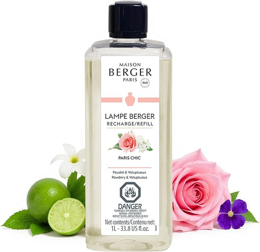 MAISON BERGER – Paris Chic Lampe Berger Fragrance Refill for Catalytic Lamp – 2-in-1 Purifying and Perfuming Powdery Floral Scent – 1 Liter (33.8 Fluid Ounces) – Bergamot Rose Musk