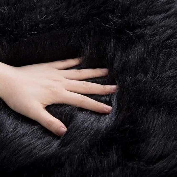 Black Round Rugs 6ft Fluffy Washable Faux Sheepskin Shaggy Fur Rugs for Bedroom Plush Shag Rug for Living Room Nursery Large Circle Rug