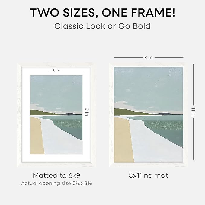 Homeforia 8x11 Picture Frame White, High End Oak 8 x 11 Wood Frames with Mat 6 by 9 Print, 8by11 Wooden Frame Matted to 6x9 inch Photo, 11x8 Wall or Tabletop Frames, Tempered Glass, Wall Kit, Set of 1