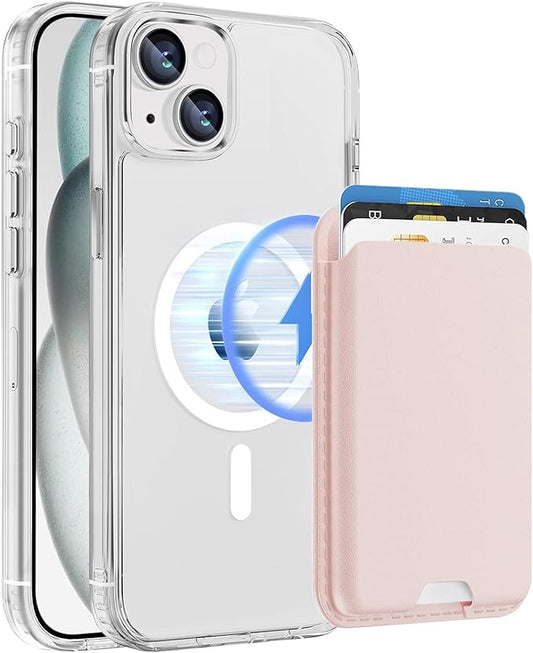 Magnetic for iPhone 14 Plus & iPhone 15 Plus Clear Case (Compatible with MagSafe) with Pink Detachable Wallet & Card Holder for 3 Cards [RFID Blocking] Military Grade Protective Slim Phone Cover