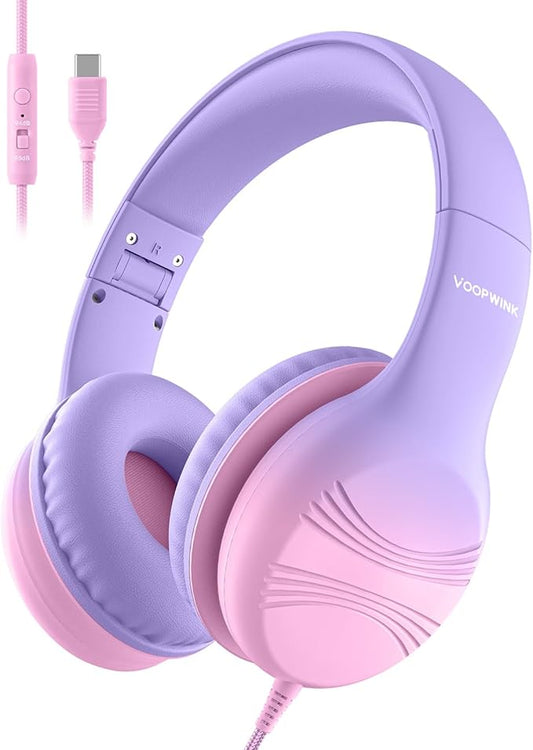 USB Type C Kids Headphones, Wired Headphones for Kids with Microphone 85/94dB Volume Limit, Stereo Sound Portable Over Ear Headphones for School/Travel/Tablet/iPad, Violet Pink