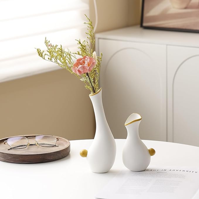 Ceramic Duck Flower Vases Set of 2 - Modern Minimalist Abstract Goose Statues for Home Decor - Cute Small Bud Vase for Centerpieces, Bookshelf, Mantle, Entryway Table(Black)
