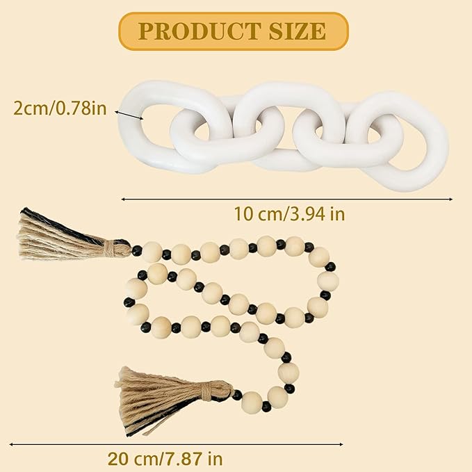 2 Pieces Decorative 5 Link Wooden Chain Decor and Bead Boho Farmhouse Rustic Home Table Decor Coffee Table Shelf Aesthetic Modern Bookshelf Table Wooden Decortion (White)