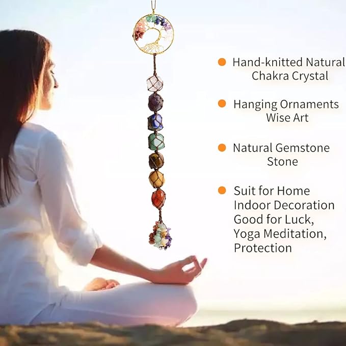 3 Pieces of 7 Chakras Healing Crystals and Tree of Life Wall Hanger Tumbled Gemstones Meditation Hanging Ornament Christmas Tree Memorial Hanging Pendant (Style 3)