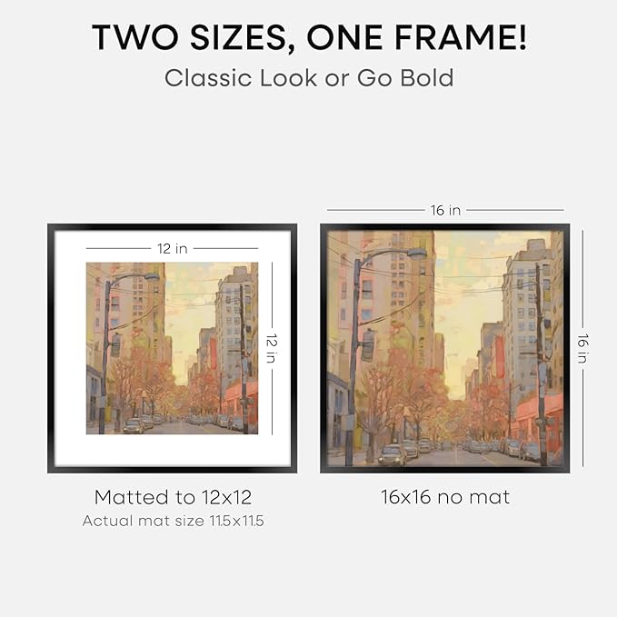 Homeforia 16x16 Picture Frame Black, High End Metal 16x16 Square Poster Frame Matted to 12x12 Print, 16 x 16 Black Frames with Mat 12 x 12 Photo, 16by16 Thin Frames, Tempered Glass, Wall Kit, Set of 4