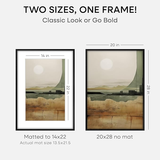 Homeforia 20x28 Black Wood Frame, High End Oak 20x28 Wooden Picture Frames with Mat 14x22 Photo, 20 x 28 Poster Frame Matted to 14 by 22 Print, 28x20 Hanging Frames, Tempered Glass, Wall Kit, Set of 3
